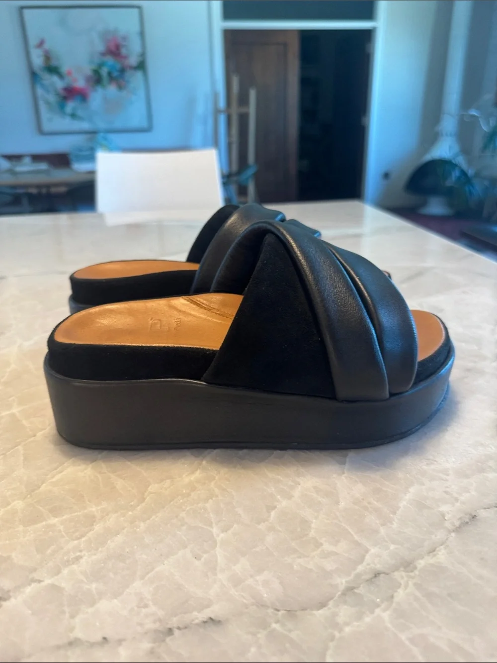 LDP black suede and leather platform slides